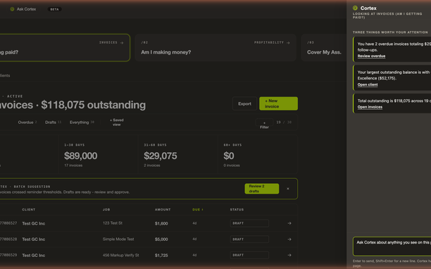 STUDD Titan Invoices page with the Cortex slide-out panel open showing insight cards