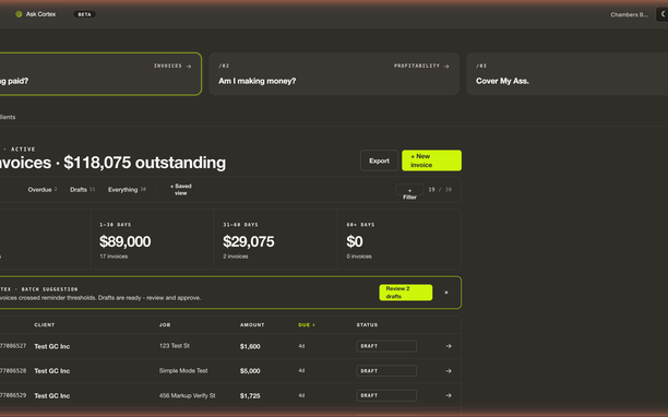 STUDD Titan Invoices page showing aging buckets, Batch Suggestion, and the invoice table