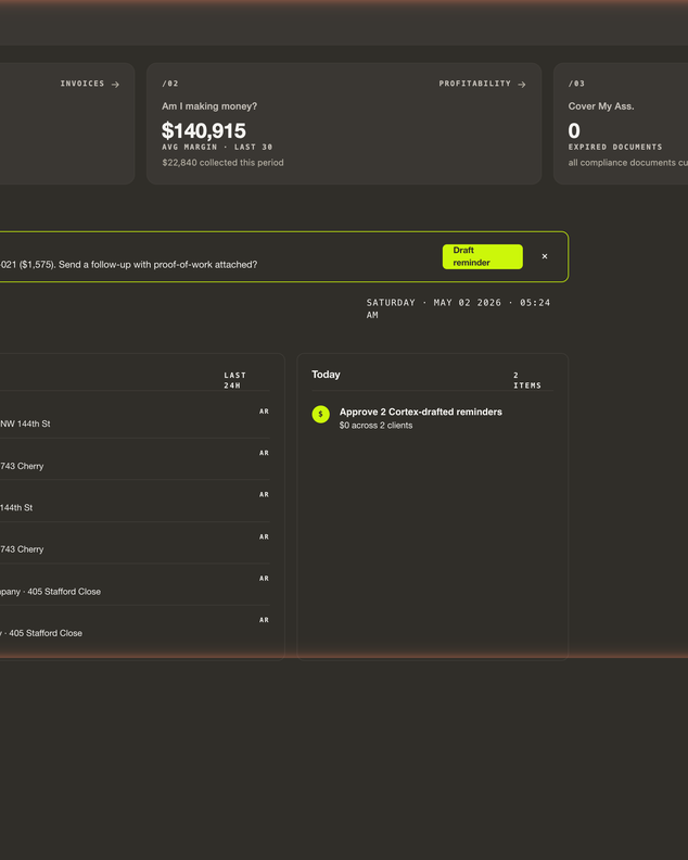 STUDD Titan Overview page showing nav cards, Cortex Insight callout, Recent Activity, and Today panel